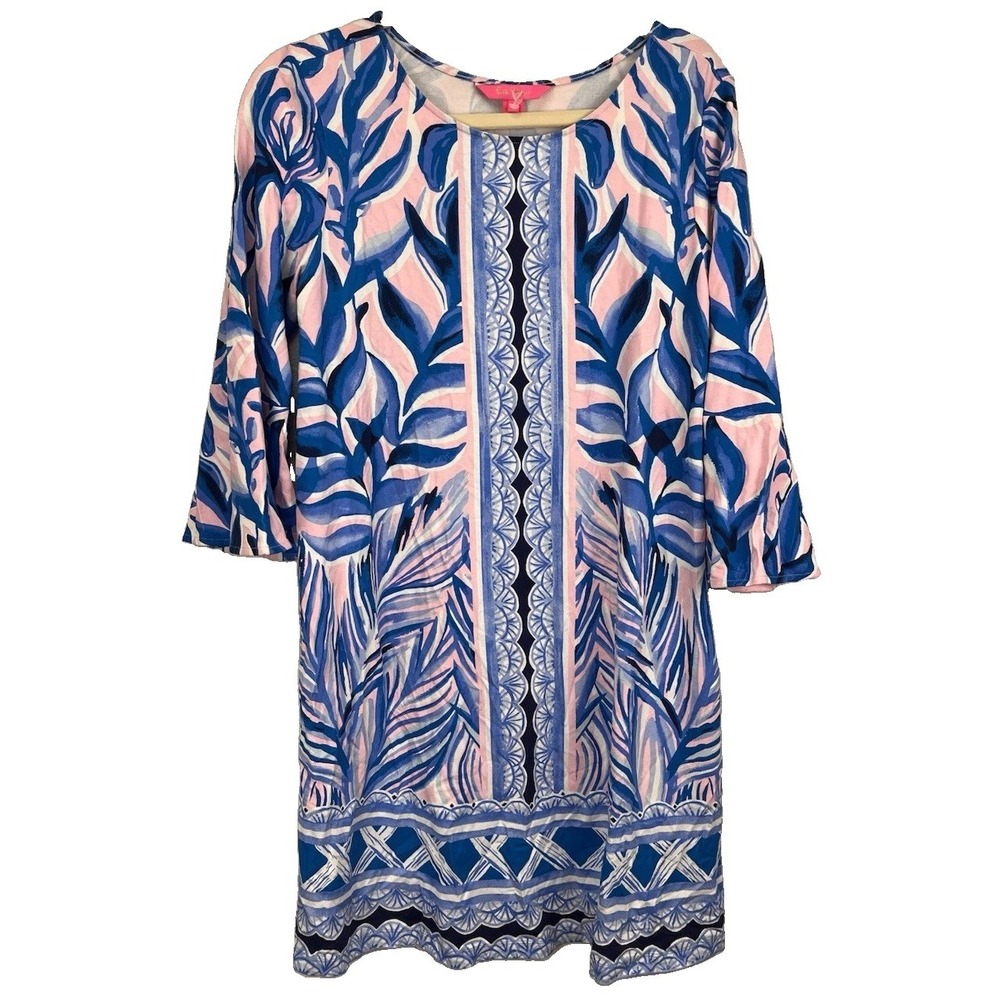 Lilly Pulitzer Ophelia Jersey Swing Dress Large Pink Tropics Heat Wave Blue Palm